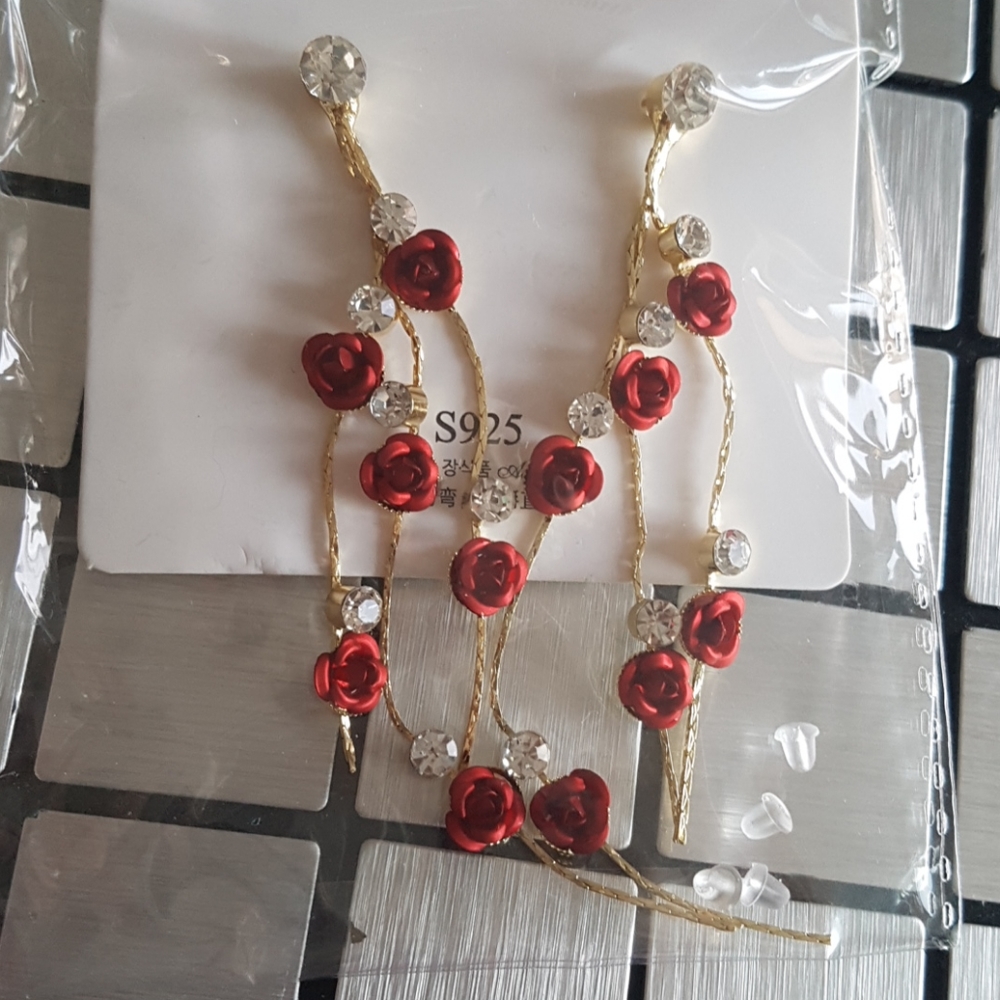 S925 Red Rose's Drop Earrings